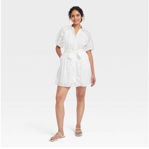 NWT Women's Eyelet Balloon Elbow Sleeve Mini Shirtdress - A New Day White M